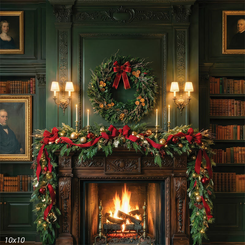 A warmly lit holiday scene featuring a carved wooden fireplace with a glowing fire, decorated with a lush green garland adorned with red ribbons and gold ornaments, topped with candles, and a large green wreath with a red bow and dried orange slices hanging on a paneled green wall above.