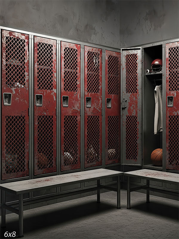 Distressed red lockers and benches create a powerful sports portrait setting filled with authentic locker room details.