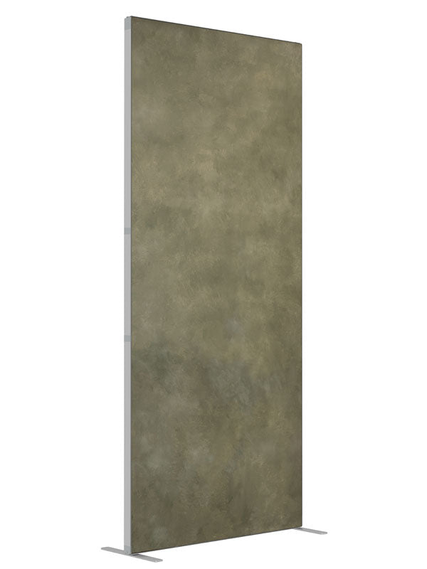 Muted olive and peat green mottled backdrop shown at an angled view, a 3 ft photography backdrop panel for Denny StudioEdge silicone edge frame