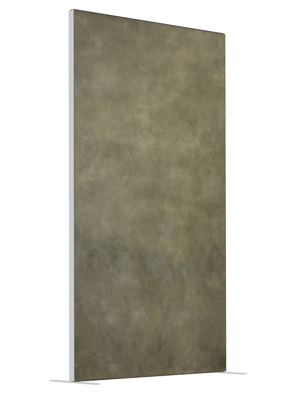 Muted olive and peat green mottled backdrop shown at an angled view, a 4 ft photography backdrop panel for Denny StudioEdge silicone edge frame