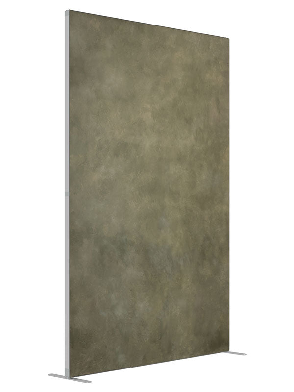 Muted olive and peat green mottled backdrop shown at an angled view, a 5 ft photography backdrop panel for Denny StudioEdge silicone edge frame