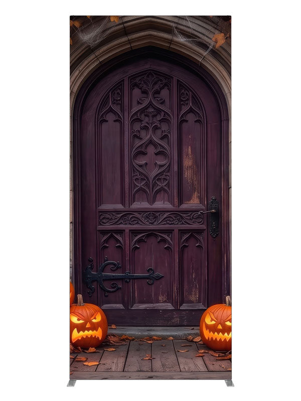 Cobwebbed Gothic arched door in weathered stone with glowing jack-o'-lanterns at the base, 3ft photography backdrop panel for Denny StudioEdge silicone edge frame