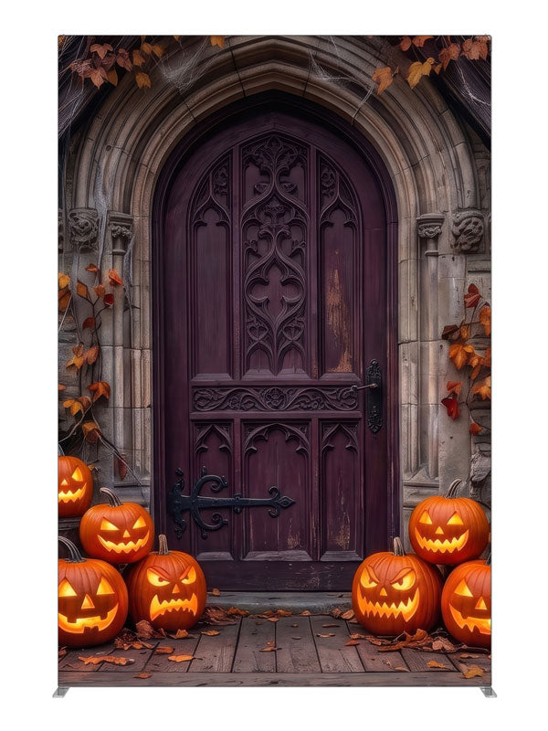 Cobwebbed Gothic arched door in weathered stone with glowing jack-o'-lanterns at the base, 5ft photography backdrop panel for Denny StudioEdge silicone edge frame