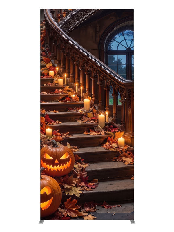 Ornate curved manor staircase dressed with glowing jack-o'-lanterns, candles, and autumn leaves, 3ft photography backdrop panel for Denny StudioEdge silicone edge frame