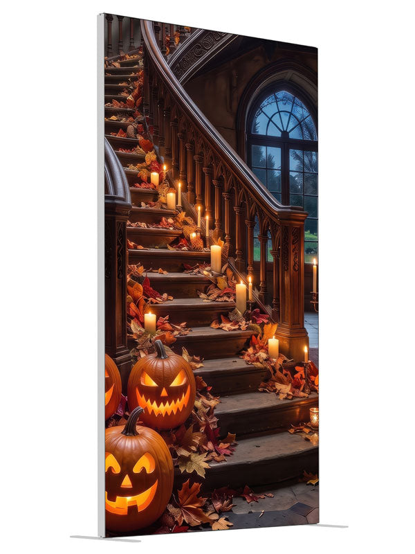 Ornate curved manor staircase dressed with glowing jack-o'-lanterns, candles, and autumn leaves, 4ft photography backdrop panel for Denny StudioEdge silicone edge frame, angled view