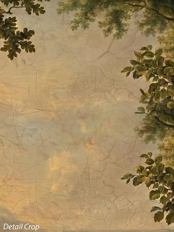 Heritage Vale old world pastoral valley vista photography backdrop — close-up detail of the aged crackled surface in warm tan and olive tones with an oak-leaf foliage border CP-8960