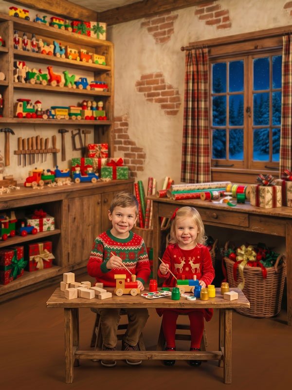 Holly Hearth stone fireplace with Christmas stockings and flanking trees photography backdrop shown with a family of four in matching pajamas seated together CP-8916