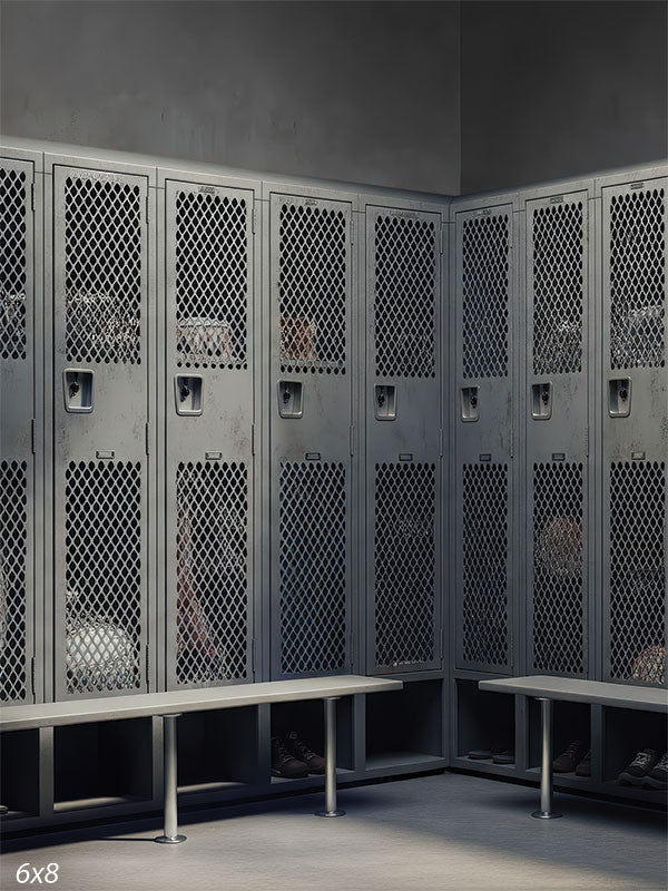 Minimalist gray lockers and benches create a clean, authentic locker room environment perfect for team portraits.
