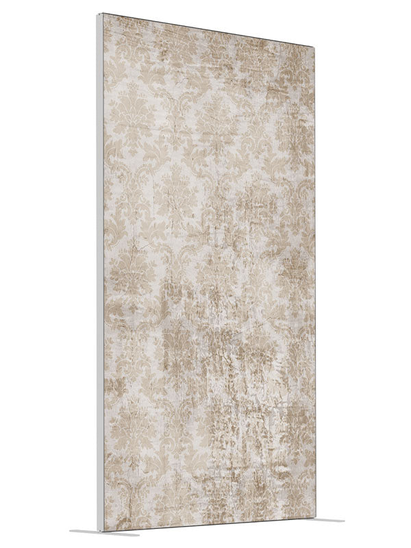 Ivory Vintage Damask shown at an angled view, photography backdrop panel for Denny StudioEdge silicone edge frame, 4 ft