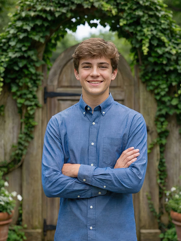 Teenage boy wearing a blue button-down shirt stands with arms crossed, smiling in front of an ivy-covered wooden garden door backdrop framed by lush green foliage.