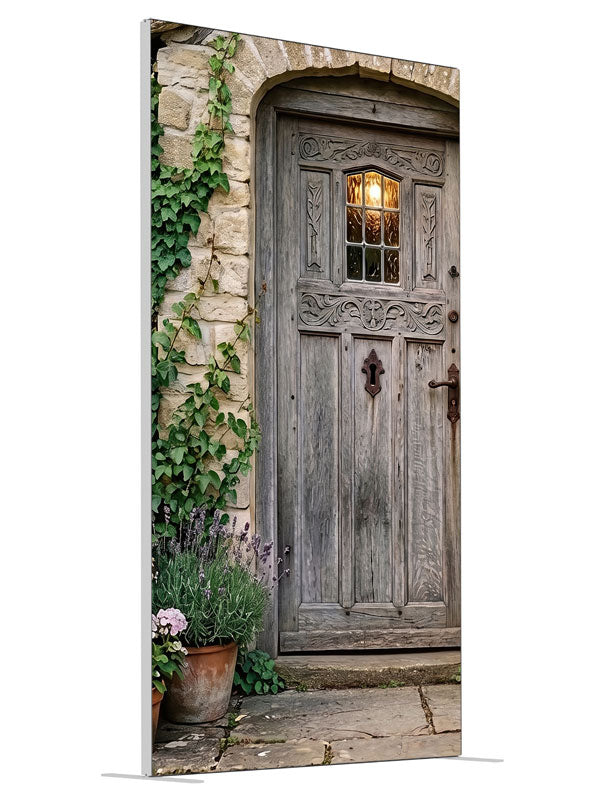 Arched weathered plank cottage door in a honey stone wall with climbing ivy, lavender and potted hydrangeas, 4ft photography backdrop panel for Denny StudioEdge silicone edge frame, angled view