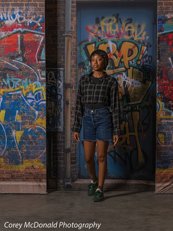 Keaton Graffiti Warehouse Door, photography backdrop panel for Denny StudioEdge silicone edge frame, shown with a senior girl standing in front of the graffiti warehouse door, full-length SECP-8864