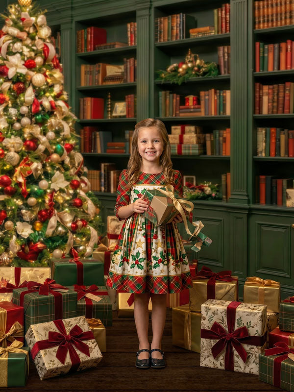Literary Noel Christmas library with green bookshelves photography backdrop shown with a young girl in a plaid dress holding a wrapped gift CP-8882