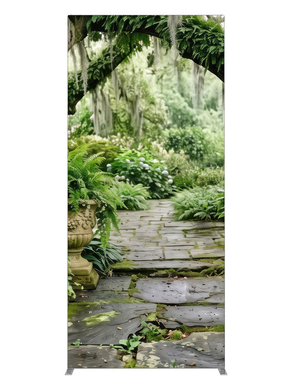 A mossy stone garden path beneath Spanish-moss live oaks with ferns and stone urns, 3ft photography backdrop panel for Denny StudioEdge silicone edge frame