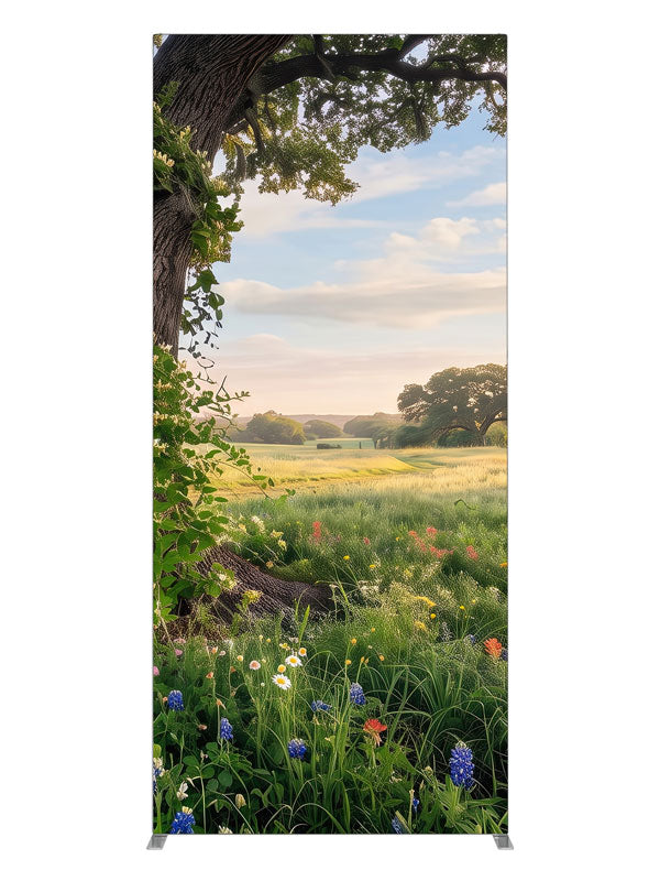 Spreading live oak wrapped in honeysuckle vine above a meadow of bluebonnets and red paintbrush wildflowers, 3ft photography backdrop panel for Denny StudioEdge silicone edge frame