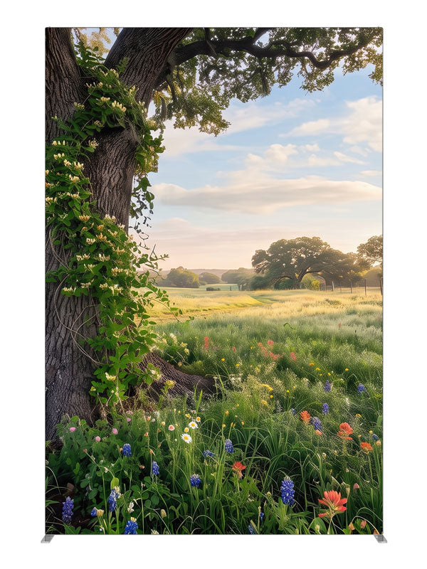 Spreading live oak wrapped in honeysuckle vine above a meadow of bluebonnets and red paintbrush wildflowers, 5ft photography backdrop panel for Denny StudioEdge silicone edge frame