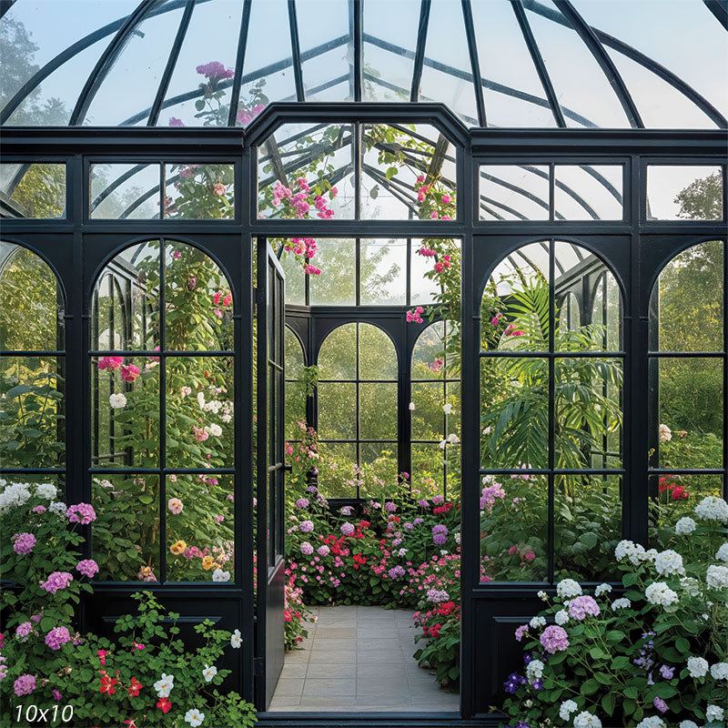 Colorful hydrangeas, geraniums, and climbing roses fill the greenhouse interior with texture and dimension.