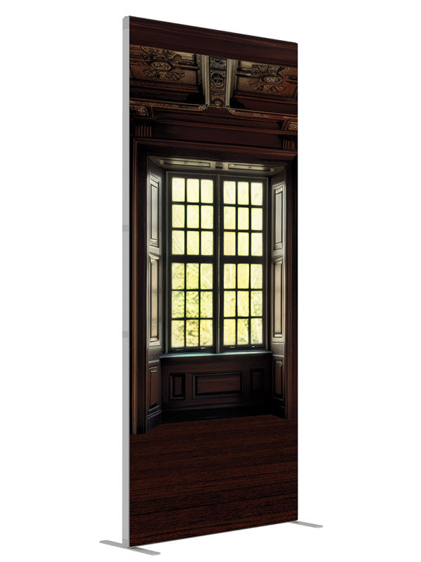 Luxurious Dark Wood Panel Room shown at an angled view, photography backdrop panel for Denny StudioEdge silicone edge frame, 3 ft