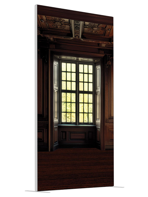 Luxurious Dark Wood Panel Room shown at an angled view, photography backdrop panel for Denny StudioEdge silicone edge frame, 4 ft