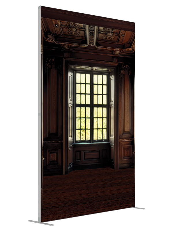 Luxurious Dark Wood Panel Room shown at an angled view, photography backdrop panel for Denny StudioEdge silicone edge frame, 5 ft