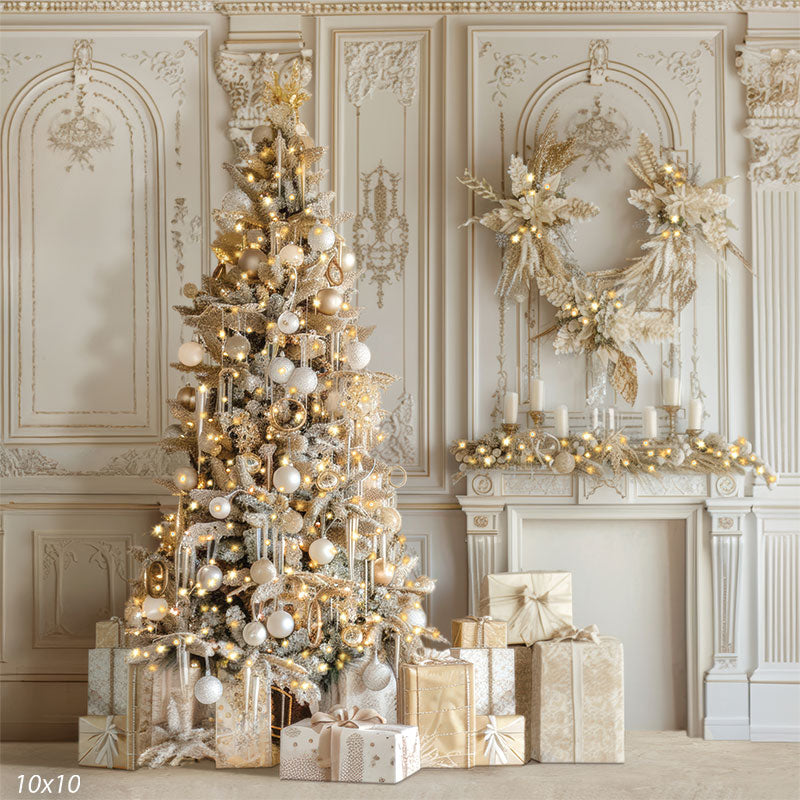 Full scene of a gold holiday tree, fireplace, and wreath—perfect for wide-angle festive portraits and family mini sessions