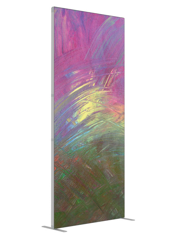 Magenta green gold burst shown at an angled view, photography backdrop panel for Denny StudioEdge silicone edge frame, 3 ft