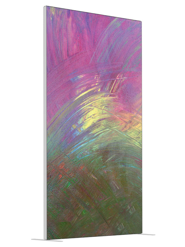 Magenta green gold burst shown at an angled view, photography backdrop panel for Denny StudioEdge silicone edge frame, 4 ft