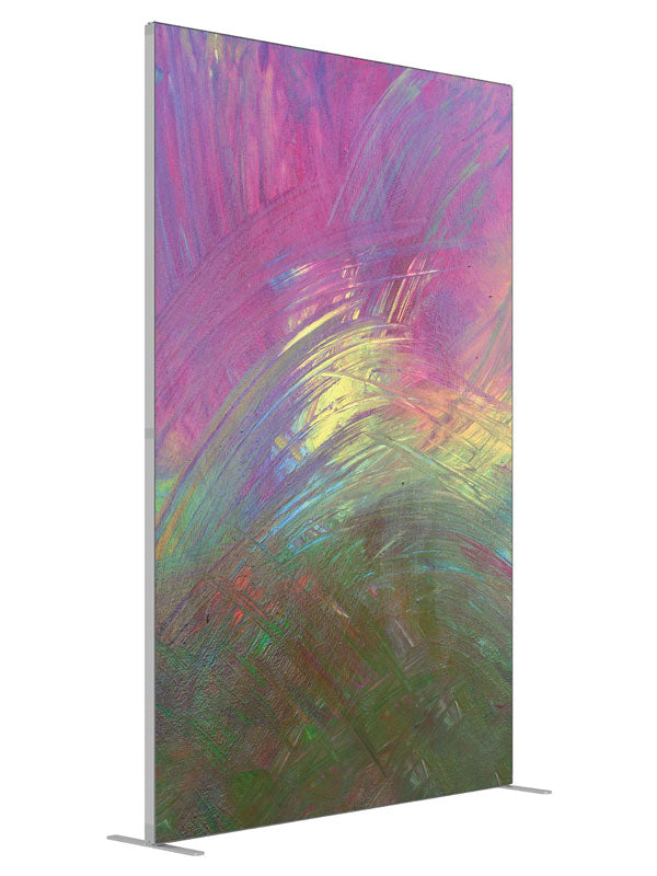Magenta green gold burst shown at an angled view, photography backdrop panel for Denny StudioEdge silicone edge frame, 5 ft