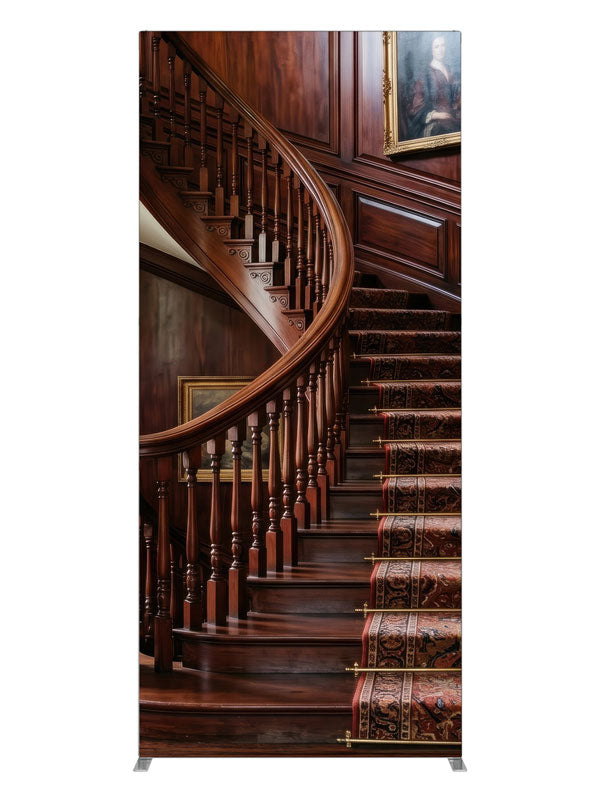 A mahogany curved staircase with turned balusters, a patterned runner and paneled walls hung with portraits, 3ft photography backdrop panel for Denny StudioEdge silicone edge frame