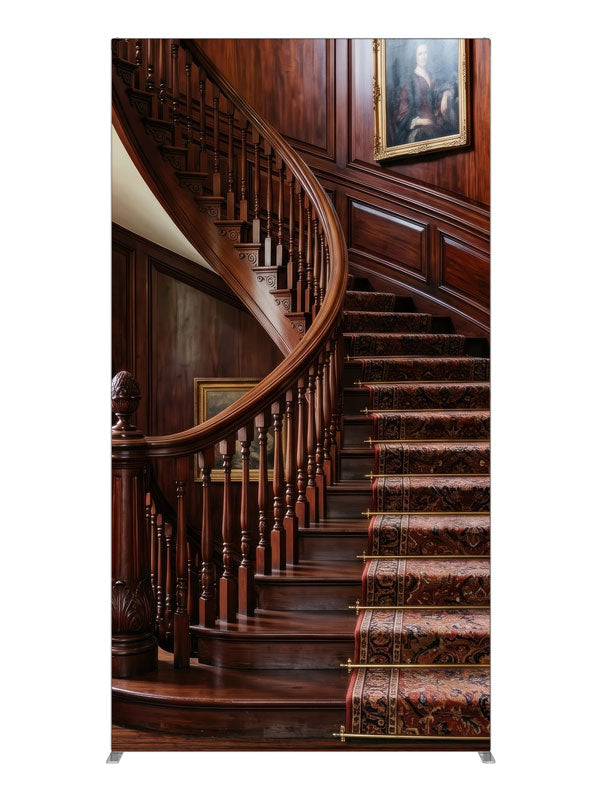 A mahogany curved staircase with turned balusters, a patterned runner and paneled walls hung with portraits, 4ft photography backdrop panel for Denny StudioEdge silicone edge frame