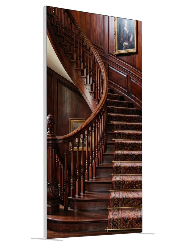 A mahogany curved staircase with turned balusters, a patterned runner and paneled walls hung with portraits, 4ft photography backdrop panel for Denny StudioEdge silicone edge frame, angled view