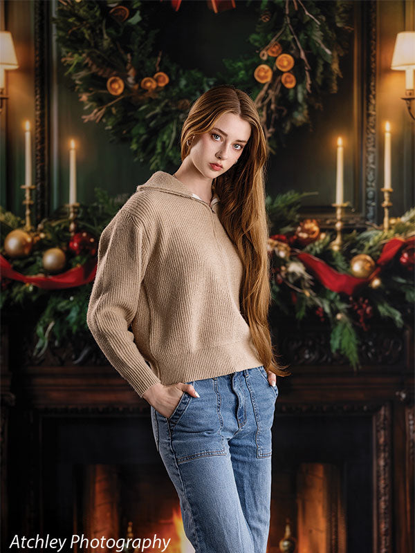 manor hearth dark wood fireplace christmas photography backdrop senior girl standing portrait CP 8885