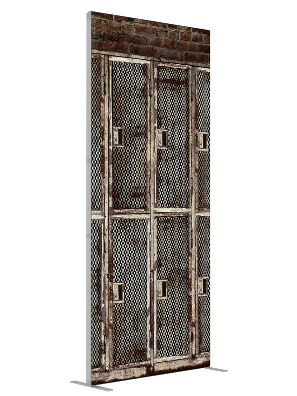 Metal Lockers Gray shown at an angled view, photography backdrop panel for Denny StudioEdge silicone edge frame, 3 ft