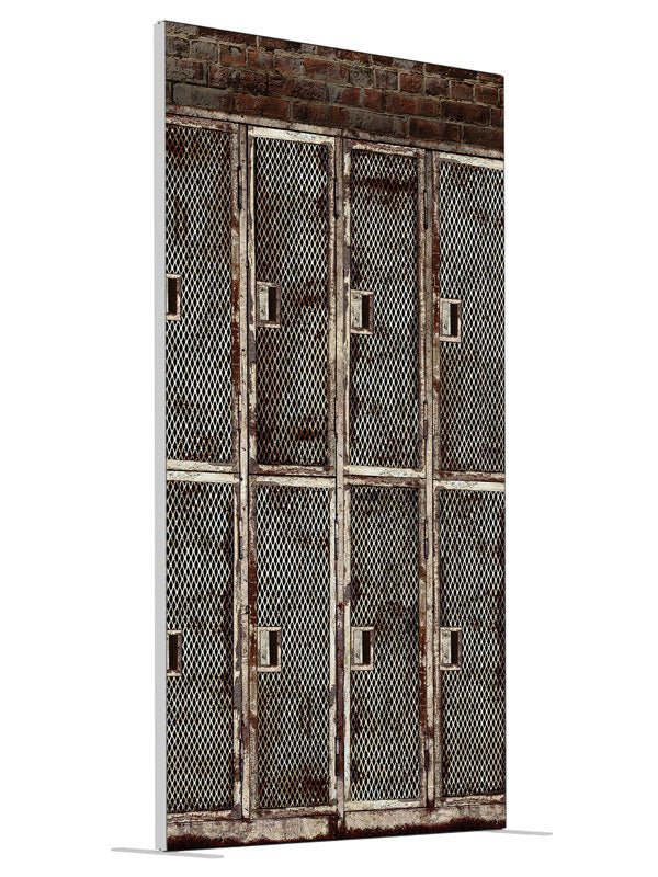 Metal Lockers Gray shown at an angled view, photography backdrop panel for Denny StudioEdge silicone edge frame, 4 ft