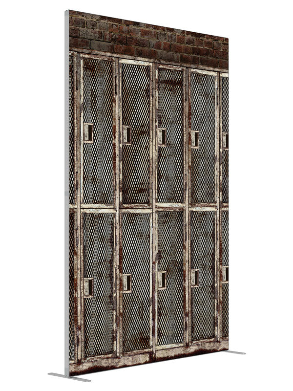 Metal Lockers Gray shown at an angled view, photography backdrop panel for Denny StudioEdge silicone edge frame, 5 ft
