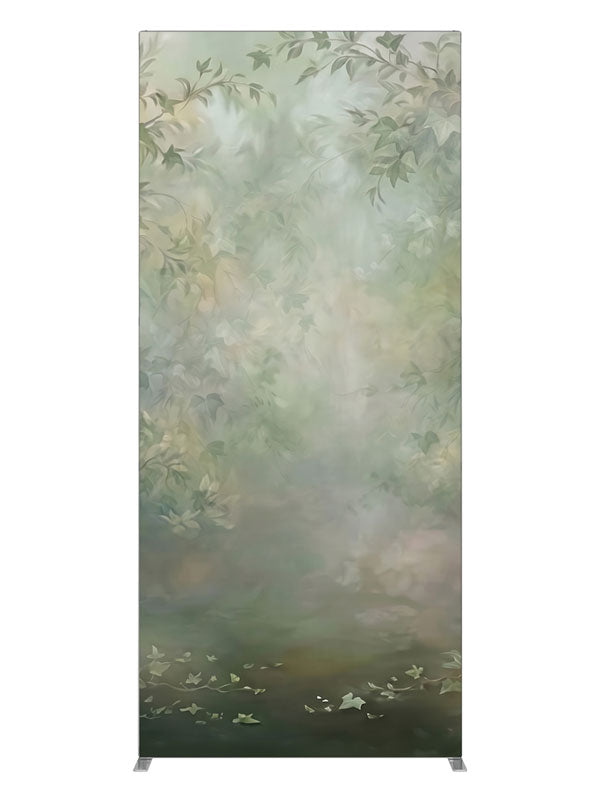 Soft sage-green ivy and foliage framing a misty, light-filled center, 3ft photography backdrop panel for Denny StudioEdge silicone edge frame