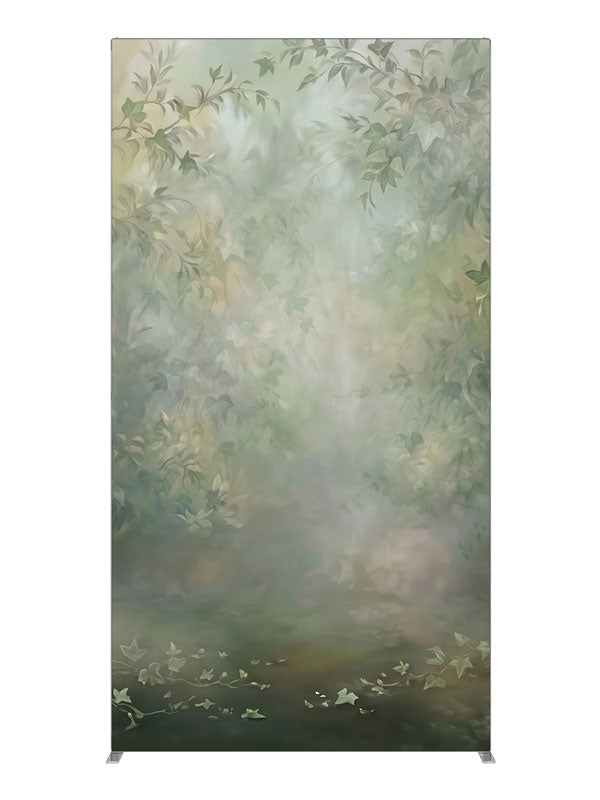 Soft sage-green ivy and foliage framing a misty, light-filled center, 4ft photography backdrop panel for Denny StudioEdge silicone edge frame