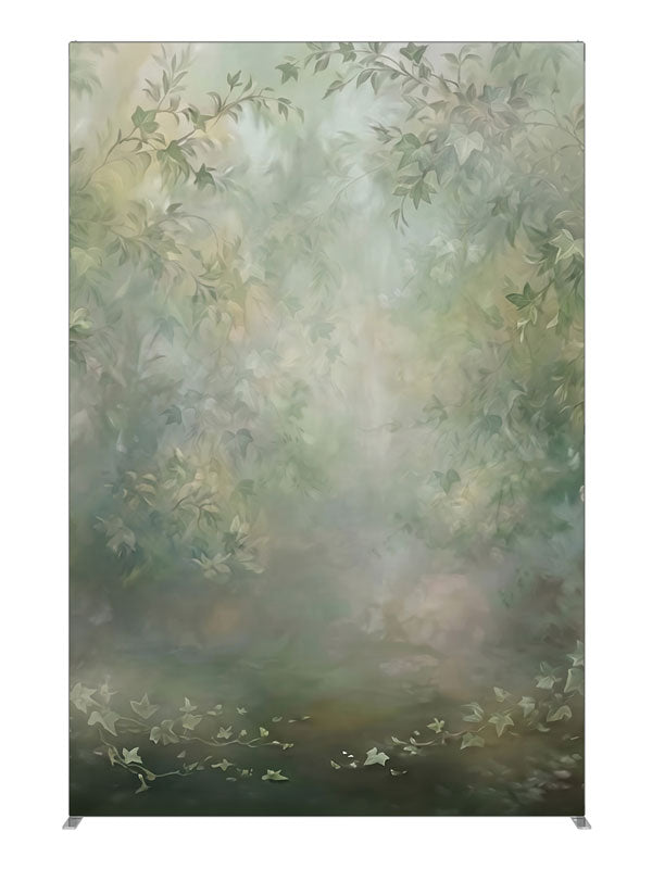 Soft sage-green ivy and foliage framing a misty, light-filled center, 5ft photography backdrop panel for Denny StudioEdge silicone edge frame