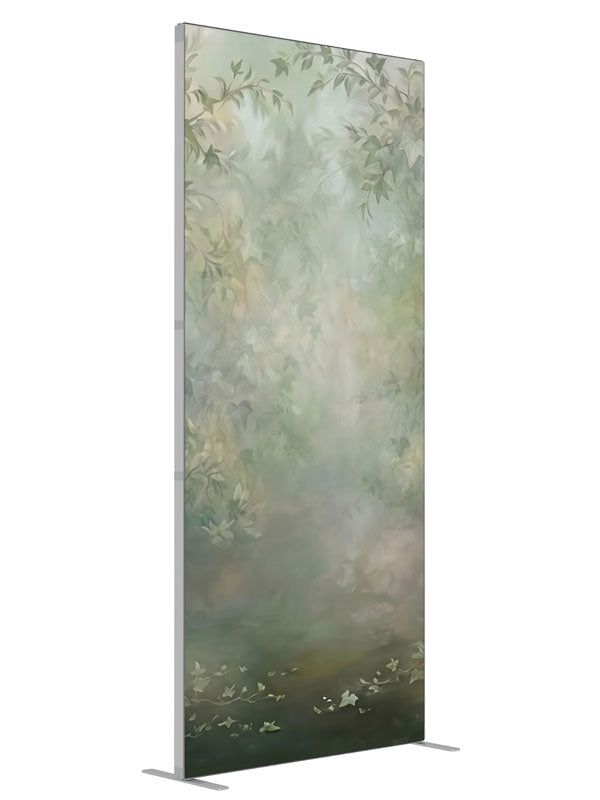Soft sage-green ivy and foliage framing a misty, light-filled center, 3ft photography backdrop panel for Denny StudioEdge silicone edge frame