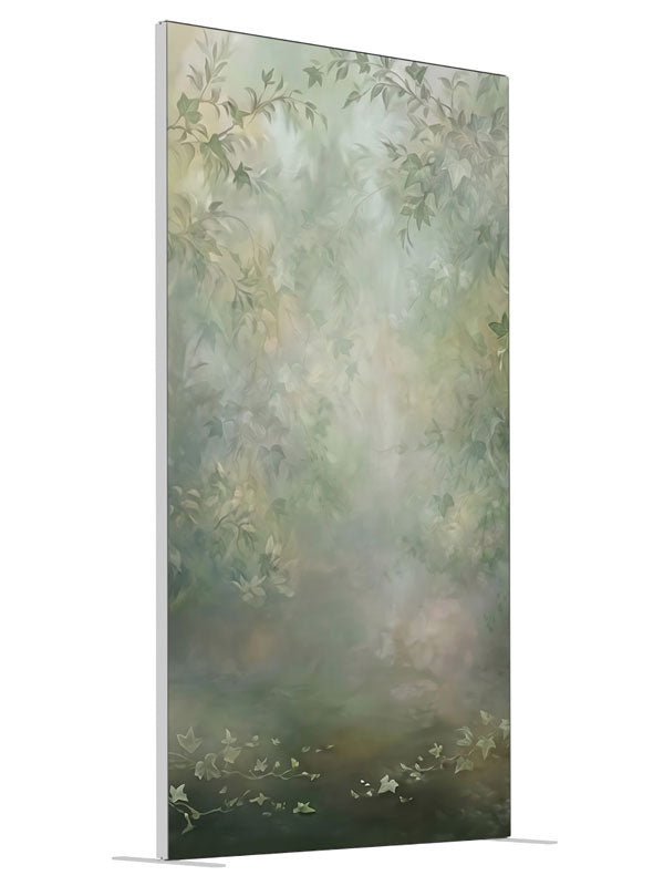 Soft sage-green ivy and foliage framing a misty, light-filled center, 4ft photography backdrop panel for Denny StudioEdge silicone edge frame