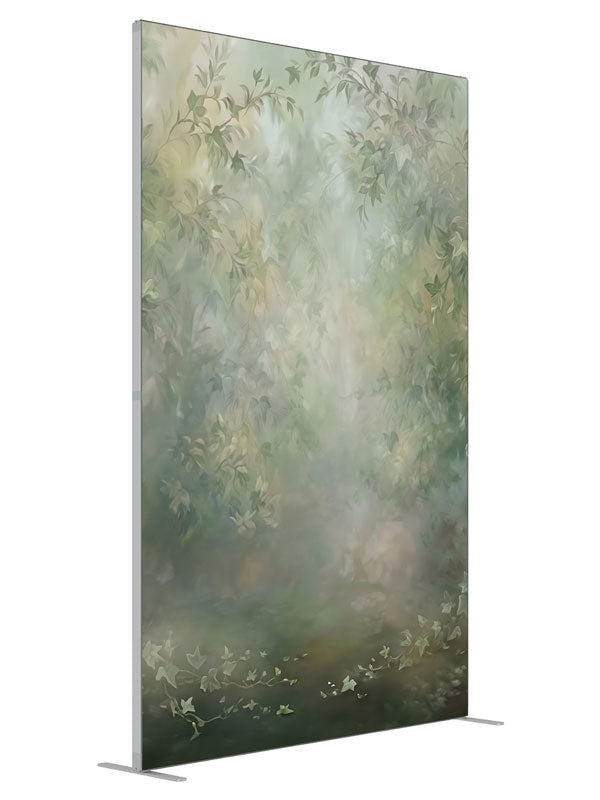 Soft sage-green ivy and foliage framing a misty, light-filled center, 5ft photography backdrop panel for Denny StudioEdge silicone edge frame