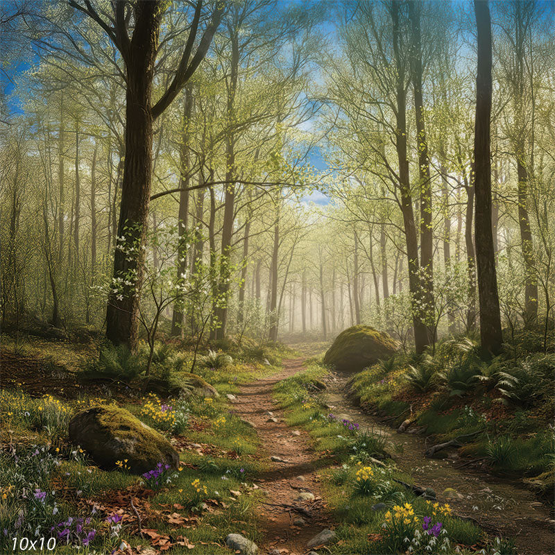 A soft spring woodland scene with a winding dirt trail, light morning mist, fresh green leaves, and clusters of wildflowers along mossy stones and a narrow creek.