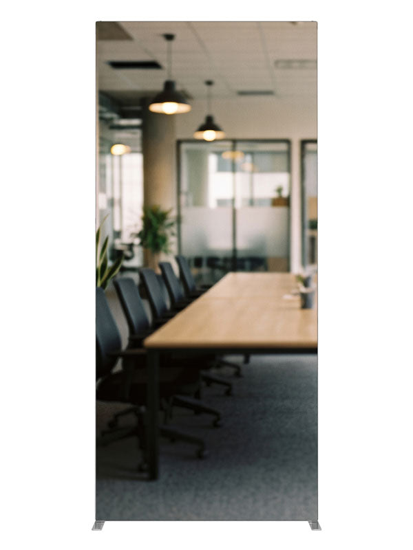 A modern open-plan office with a long wood conference table, black chairs, and glass meeting rooms, 3ft photography backdrop panel for Denny StudioEdge silicone edge frame