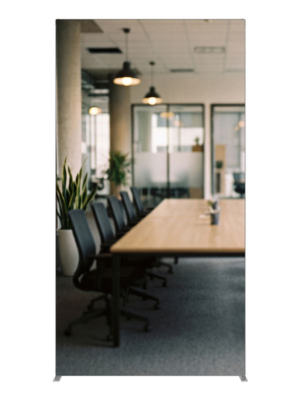 A modern open-plan office with a long wood conference table, black chairs, and glass meeting rooms, 4ft photography backdrop panel for Denny StudioEdge silicone edge frame