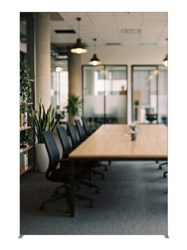A modern open-plan office with a long wood conference table, black chairs, and glass meeting rooms, 5ft photography backdrop panel for Denny StudioEdge silicone edge frame