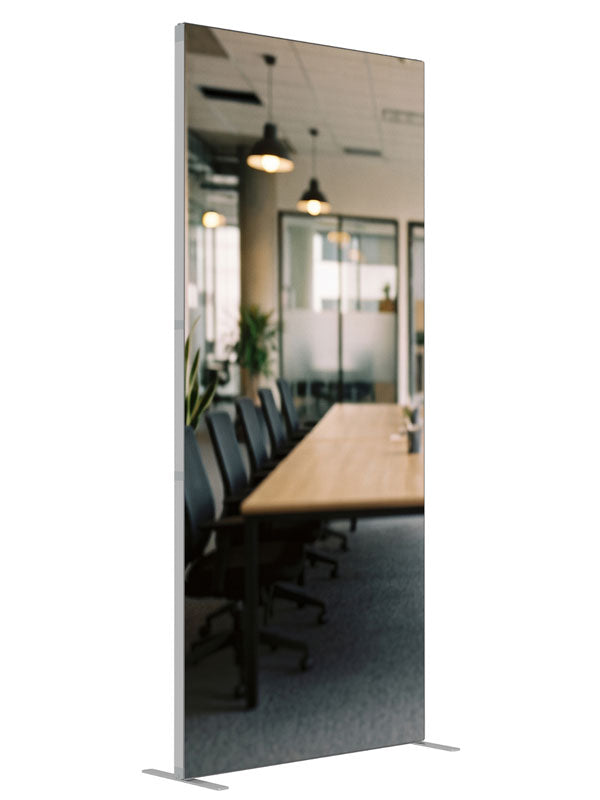 A modern open-plan office with a long wood conference table, black chairs, and glass meeting rooms, 3ft photography backdrop panel for Denny StudioEdge silicone edge frame