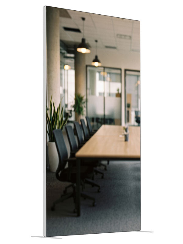 A modern open-plan office with a long wood conference table, black chairs, and glass meeting rooms, 4ft photography backdrop panel for Denny StudioEdge silicone edge frame