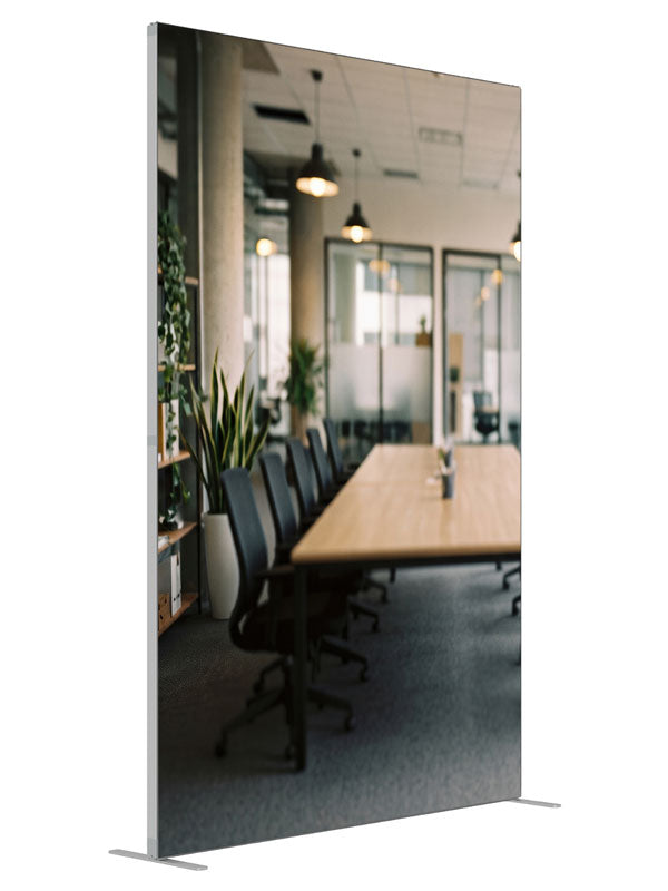 A modern open-plan office with a long wood conference table, black chairs, and glass meeting rooms, 5ft photography backdrop panel for Denny StudioEdge silicone edge frame