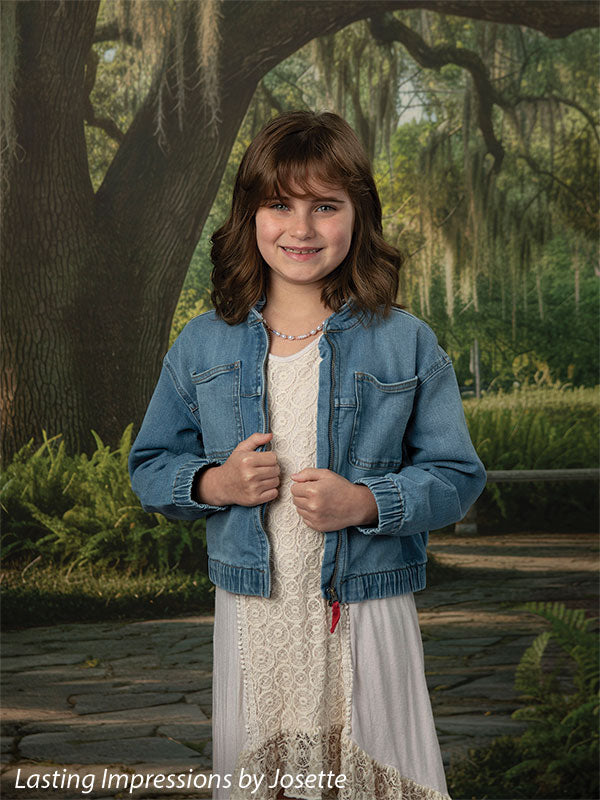 Moss Oak photography backdrop showing a grand Southern live oak draped in Spanish moss over a stone garden path, shown with a young girl in a denim jacket over a cream lace dress CP-8783
