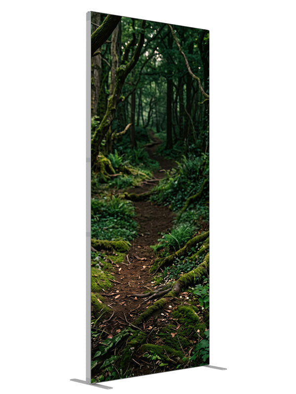 A dirt path winding into a dense, moss-covered forest with ferns and filtered light, 3ft photography backdrop panel for Denny StudioEdge silicone edge frame, angled view